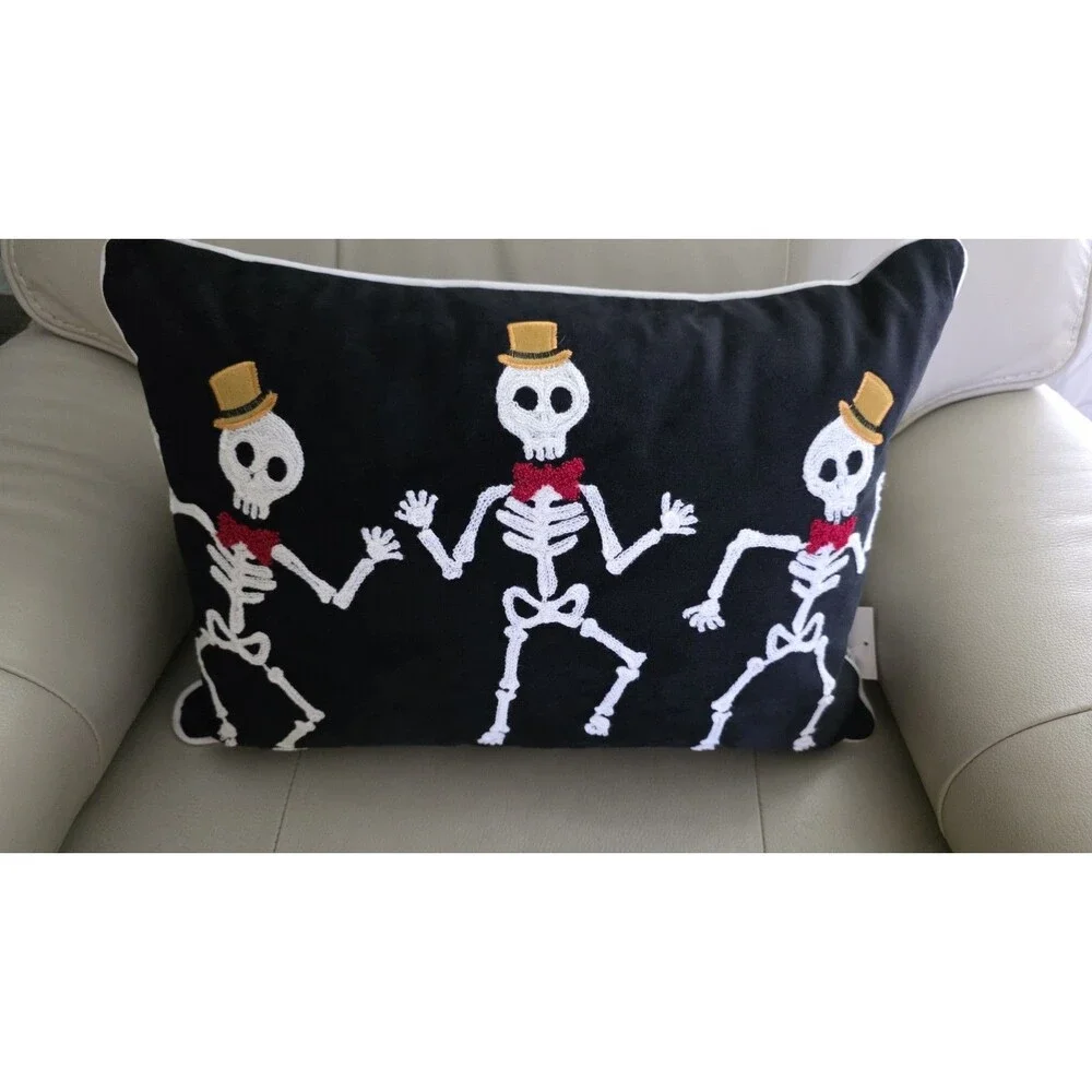 Halloween Throw Pillow Skeletons Embroidered Holiday Home Bedding Decor NEW